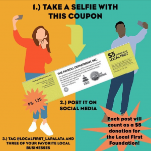 Images of two people taking selfies with the coupon for a $5 donation from the Payroll Department, found on page 125 of the 2020 Be Local Coupon Book.